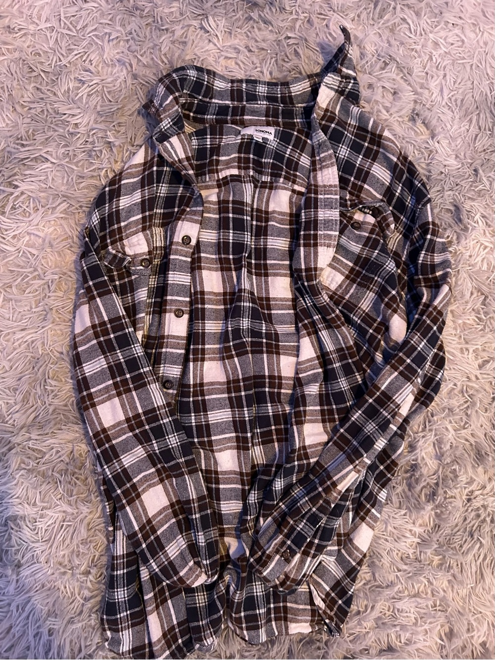 French Connection Brown & White Plaid Button-Up Flannel Shirt